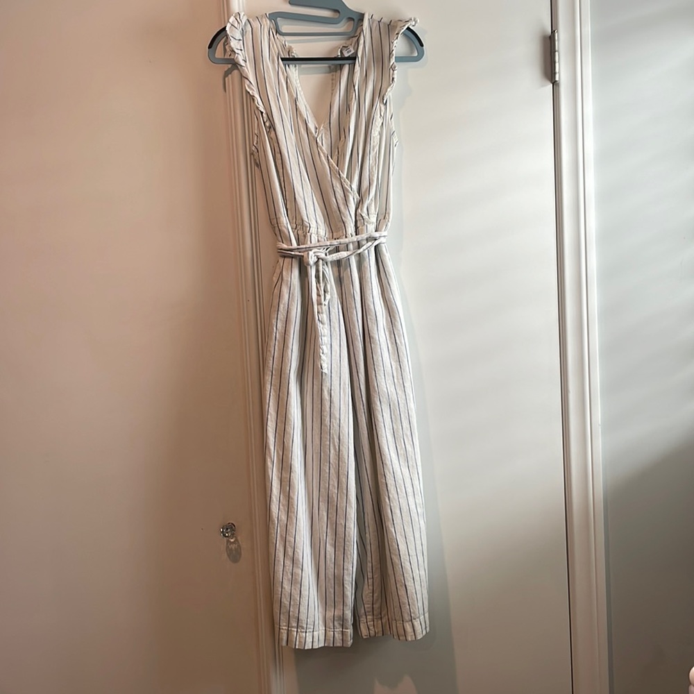 Blue and White Linen Striped Romper size XS Petite.